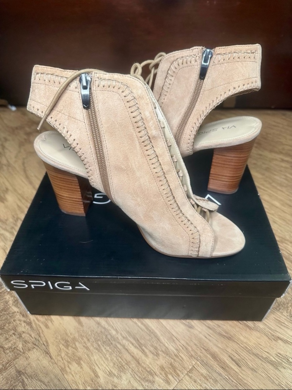 Via Spiga Tan Suede Open-Toe Block Heel Sandals